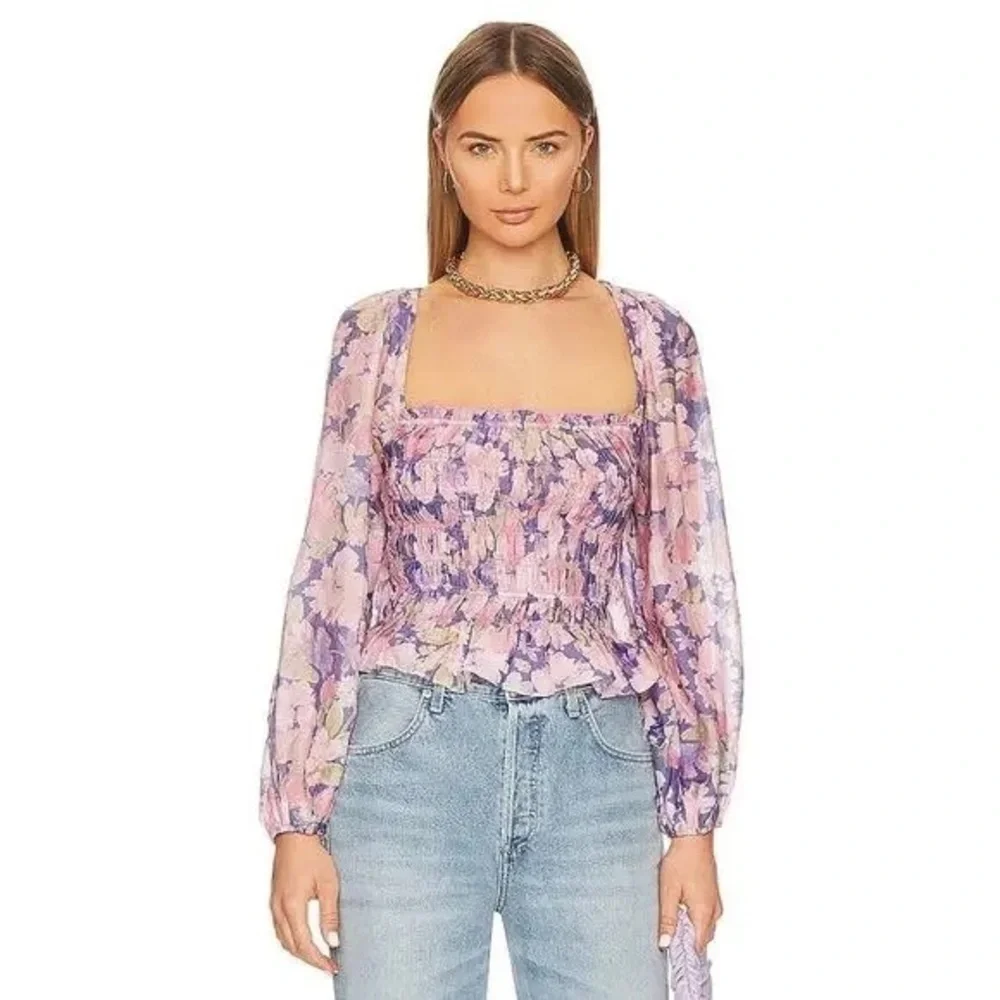 ASTR The Label Nicolette Square Neck Smocked Long Puff Sleeve Floral Pink Purple